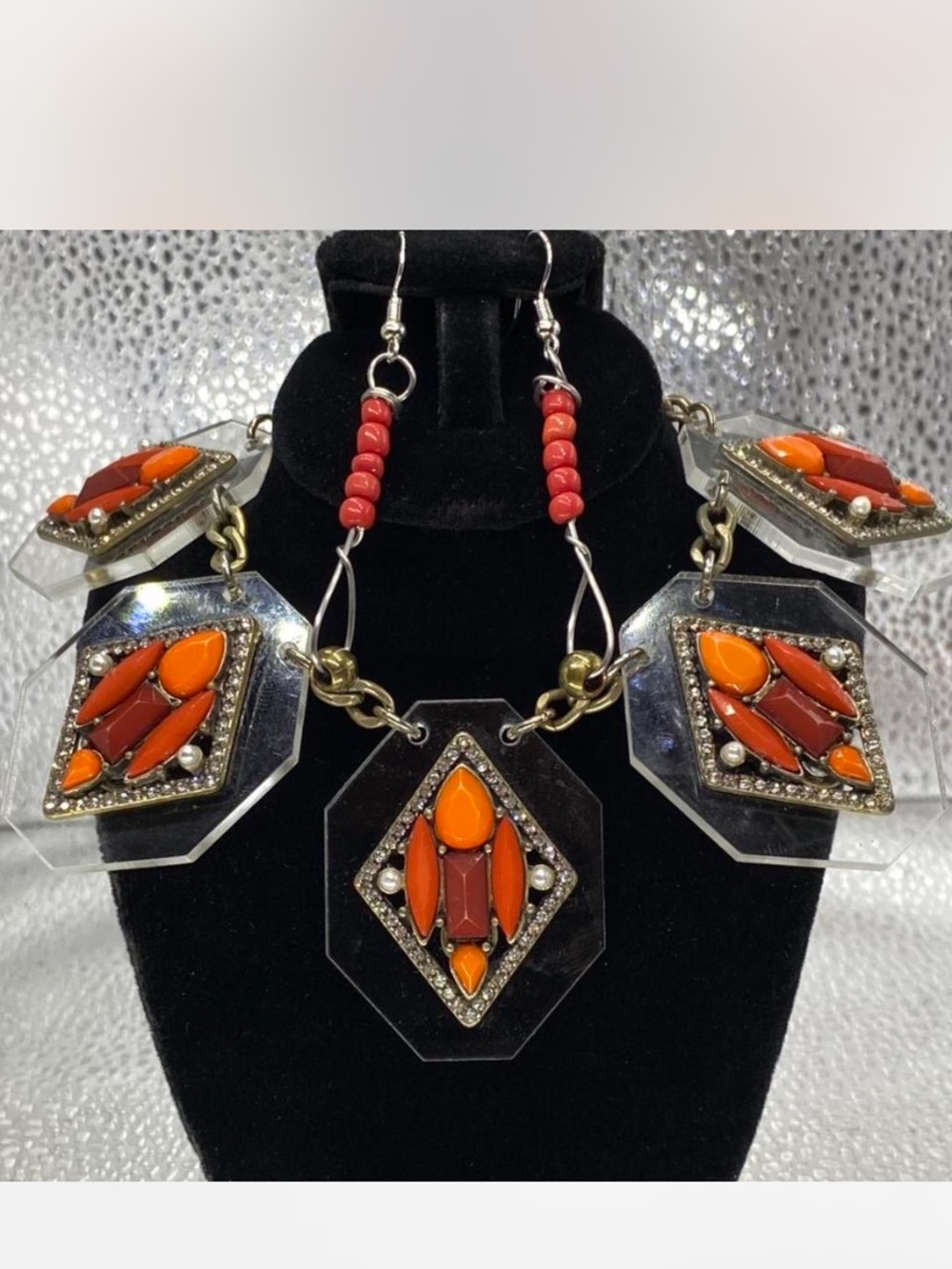 Southwestern ^^^ Bold Coral  Geometric Statement Necklace  / Earrings  ***